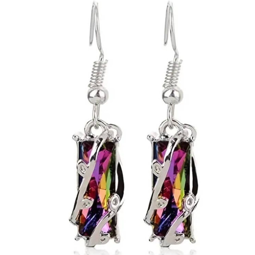 Colorful Zircon Column Drop Dangle Earrings 925 Silver Plated Lightweight
